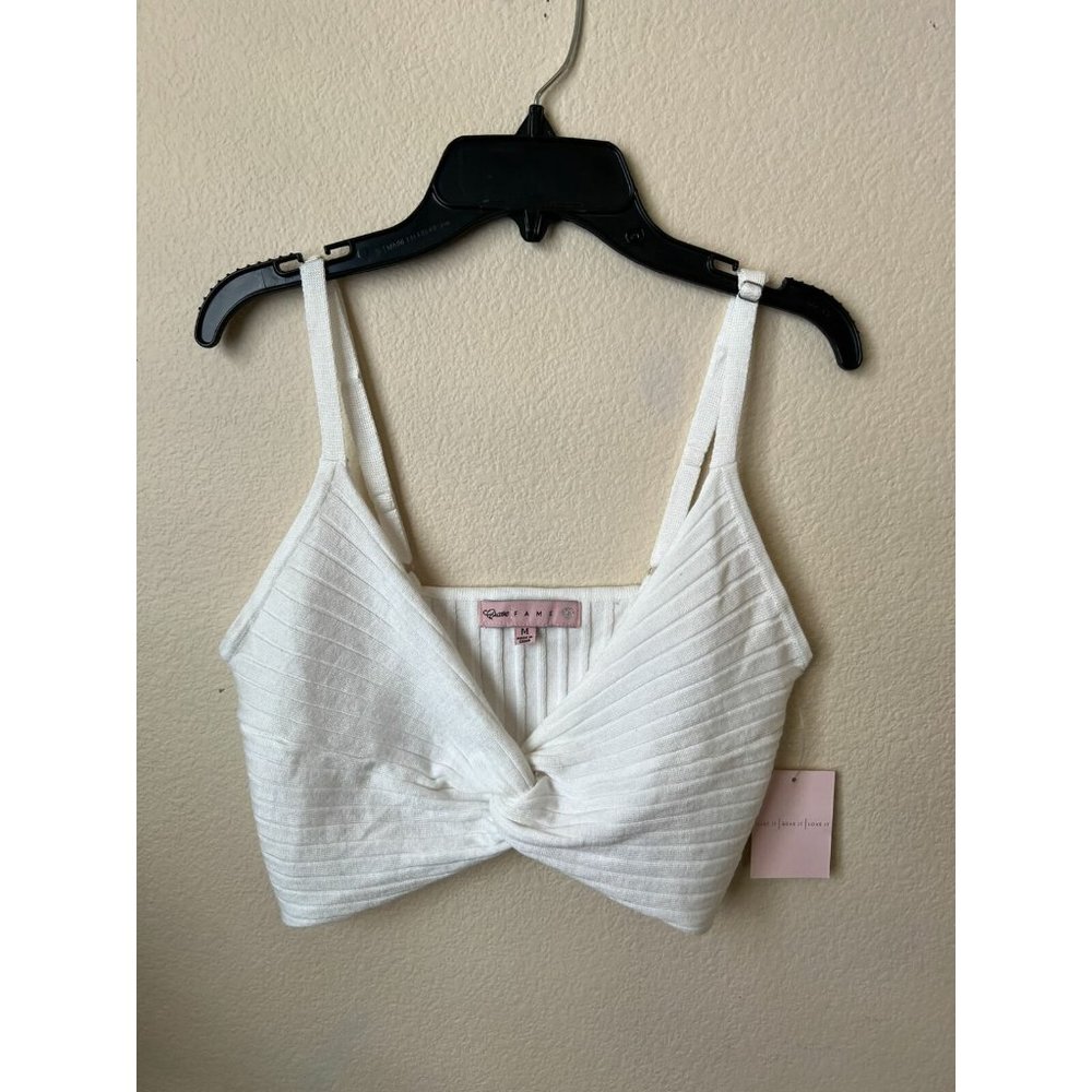 Crave Fame Juniors M Crop Top Cream Knit Ribbed Twisted Front Bralette